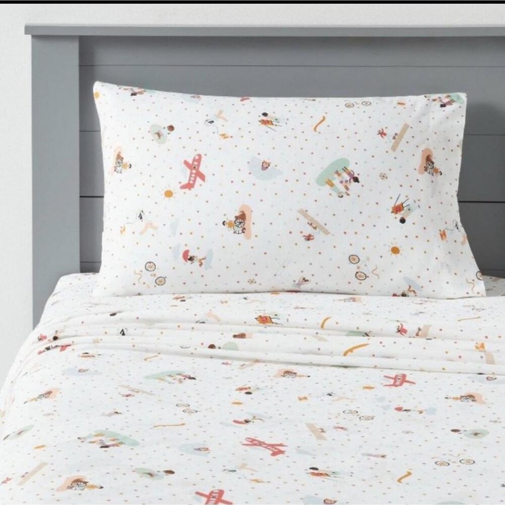 Pillowfort Kids Cotton Pals Sheet Set Full Size Polkadot Airplanes Bicycle NEW